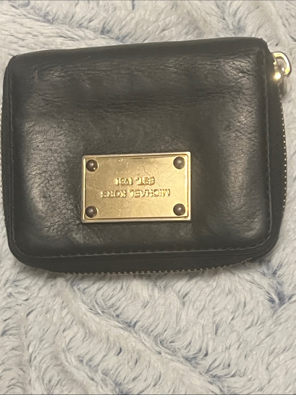 Michael Kors Black Leather Zip Card Case with Gold Plaque
